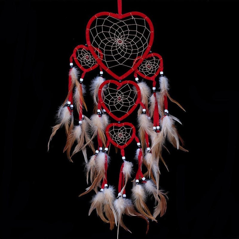 Yuyeran Heart Shaped Dream Catcher with Feathers Car Wall Hanging Decoration (Red) - Image 1